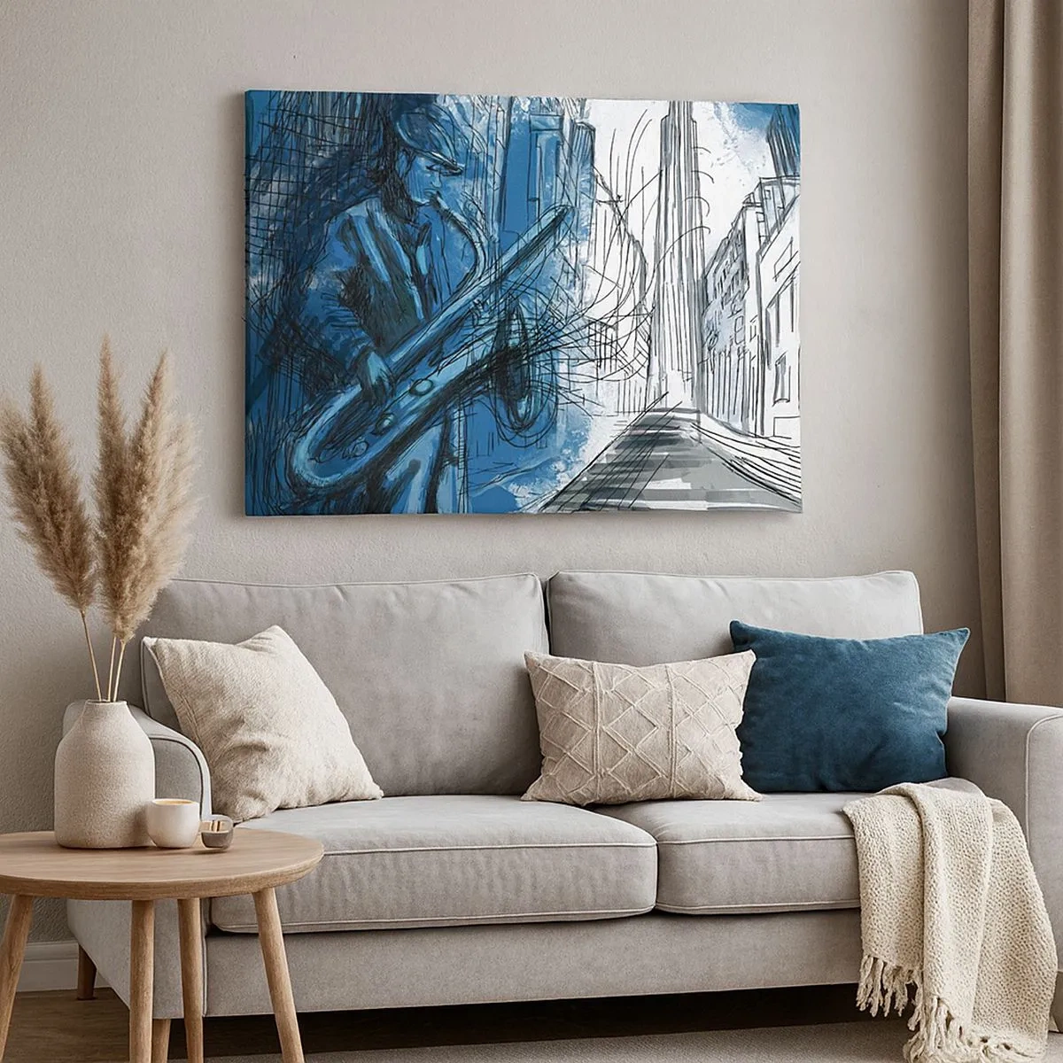 Tablou pe pânză Canvas - figură cântând la saxofon pe fundalul unui oraș - 70x50cm - Rapsodie urbană - Decorațiune modernă pentru perete pentru living și dormitor ARTTOR