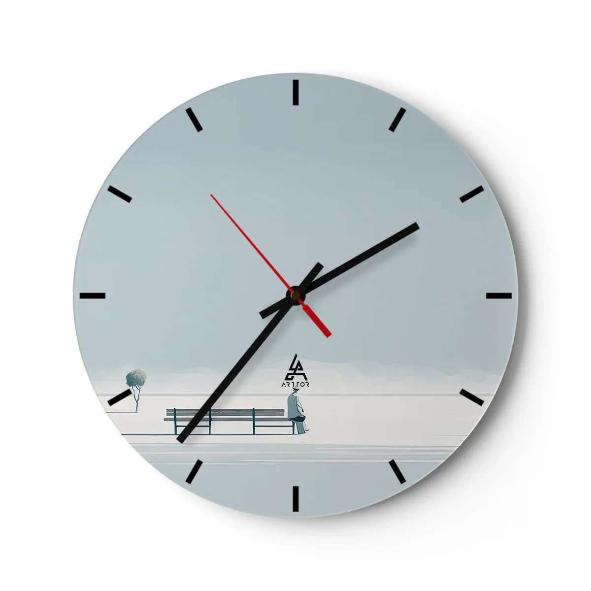 Ceas de perete - Ceas pe sticlă - O siluetă singură stă pe o bancă într-un peisaj de iarnă. - 30x30cm - Da, aștept. - Decorațiune modernă pentru perete pentru living, bucătărie și dormitor ARTTOR