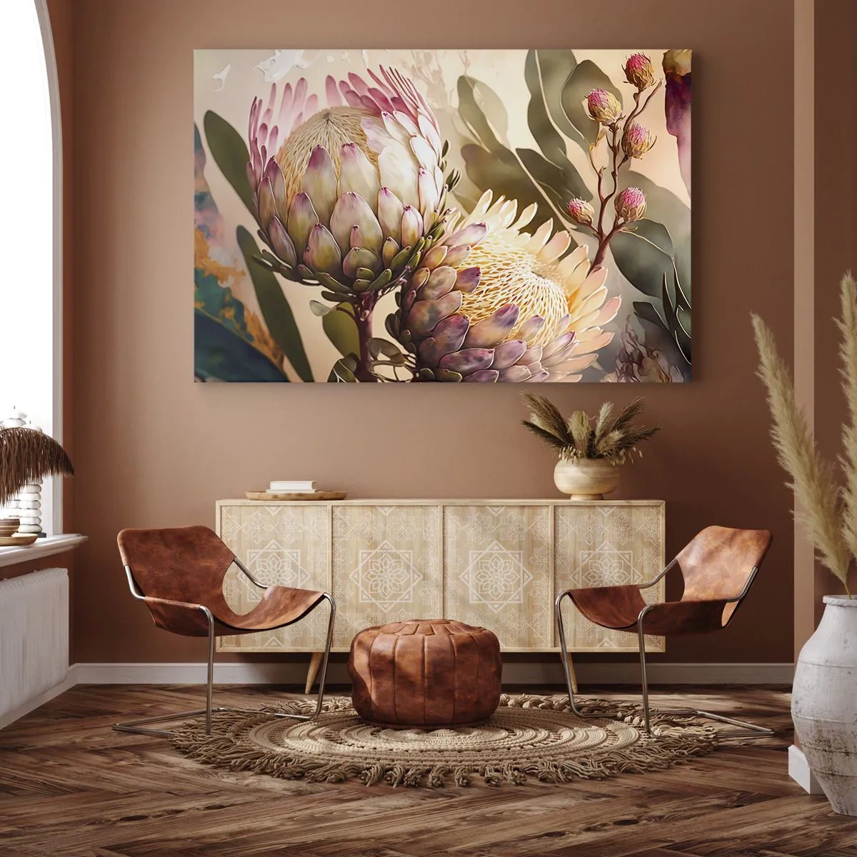 Tablou pe pânză Canvas - Flori colorate de protea pe un fundal delicat - 70x50cm - Îmbrățișare cu tandrețe - Decorațiune modernă pentru perete pentru living și dormitor ARTTOR