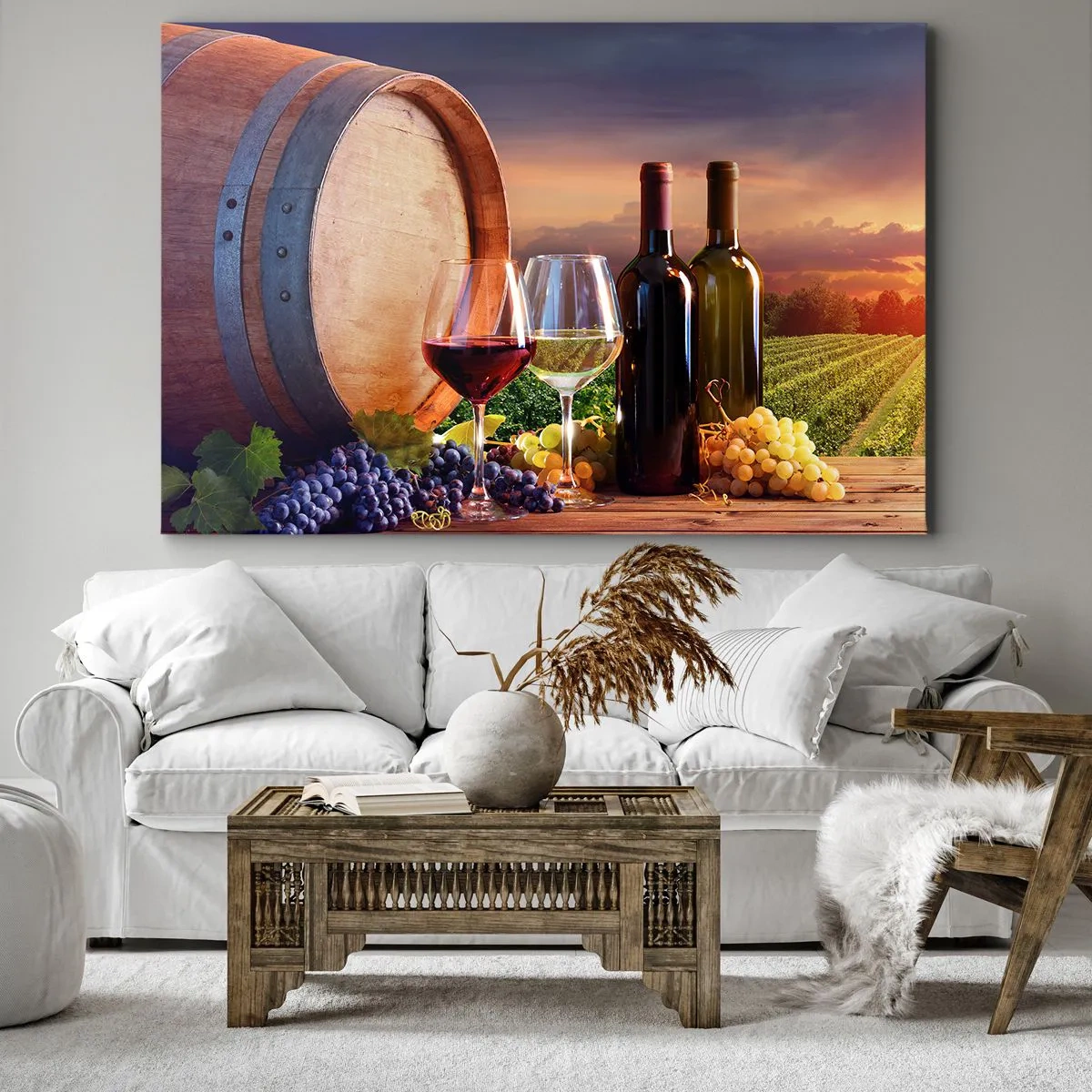 Tablou pe pânză Canvas - Vin, pahare și un butoi într-un peisaj pitoresc - 70x50cm - Aici viața are un gust - Decorațiune modernă pentru perete pentru living și dormitor ARTTOR