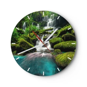 Ceas de perete - Ceas pe sticlă - O cascadă verde cu un lac turcoaz înconjurat de mușchi - 30x30cm - Turcoaz, safir și argint lichid - Decorațiune modernă pentru perete pentru living, bucătărie și dormitor ARTTOR