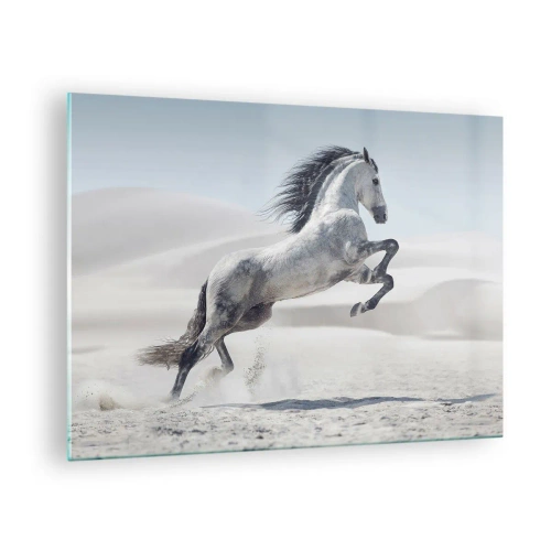 Tablou pe sticlă - Un cal alb sărind pe fundalul dunelor deșertice - 70x50cm - Prinț arab - Decorațiune modernă pentru perete pentru living și dormitor ARTTOR