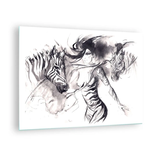 Tablou pe sticlă - Compoziție alb-negru cu o femeie și o zebră într-un stil artistic - 70x50cm - Dansând cu zebrele - Decorațiune modernă pentru perete pentru living și dormitor ARTTOR