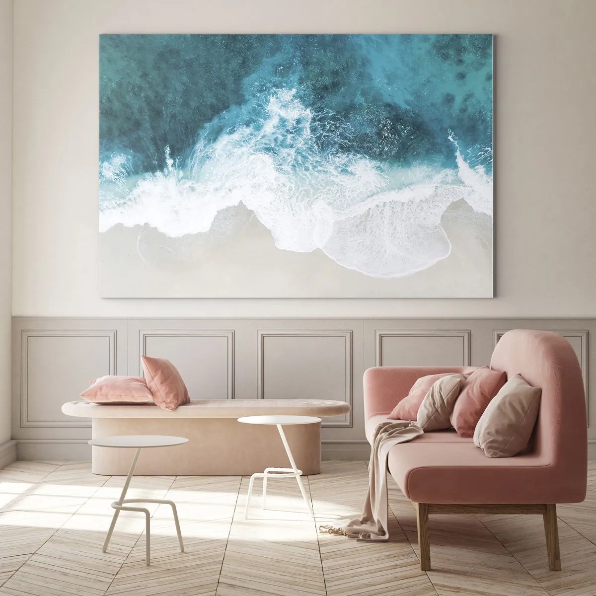 Tablou pe sticlă - Fotografie aeriană a valurilor mării izbindu-se de țărm - 70x50cm - Mângâiere naturală - Decorațiune modernă pentru perete pentru living și dormitor ARTTOR