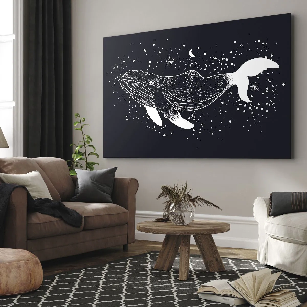 Tablou pe pânză Canvas - O ilustrație grafică a unei balene într-un stil de eră spațială. - 70x50cm - În oceanul universului - Decorațiune modernă pentru perete pentru living și dormitor ARTTOR