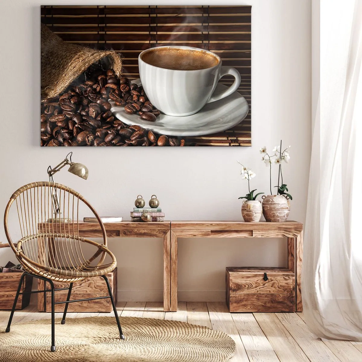 Tablou pe pânză Canvas - O ceașcă de cafea cu boabe pe un fundal de bambus - 70x50cm - Negru de cărbune, transparență de chihlimbar - Decorațiune modernă pentru perete pentru living și dormitor ARTTOR