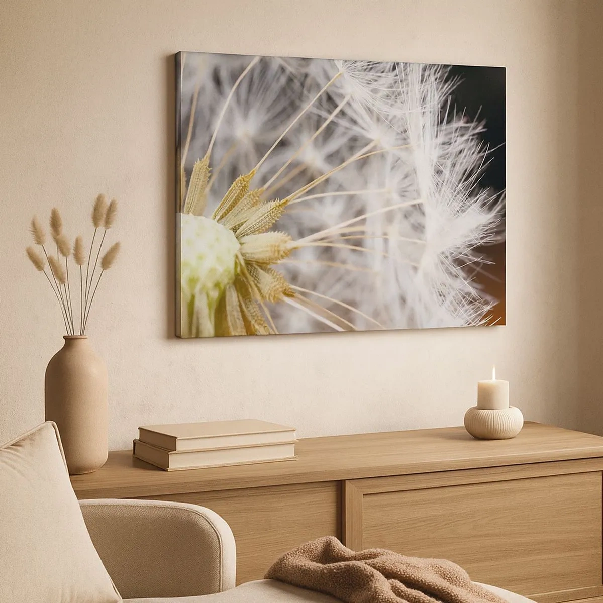 Tablou pe pânză Canvas - Fotografie macro a unei păpădii cu semințe delicate - 70x50cm - Chiar înainte de zbor... - Decorațiune modernă pentru perete pentru living și dormitor ARTTOR