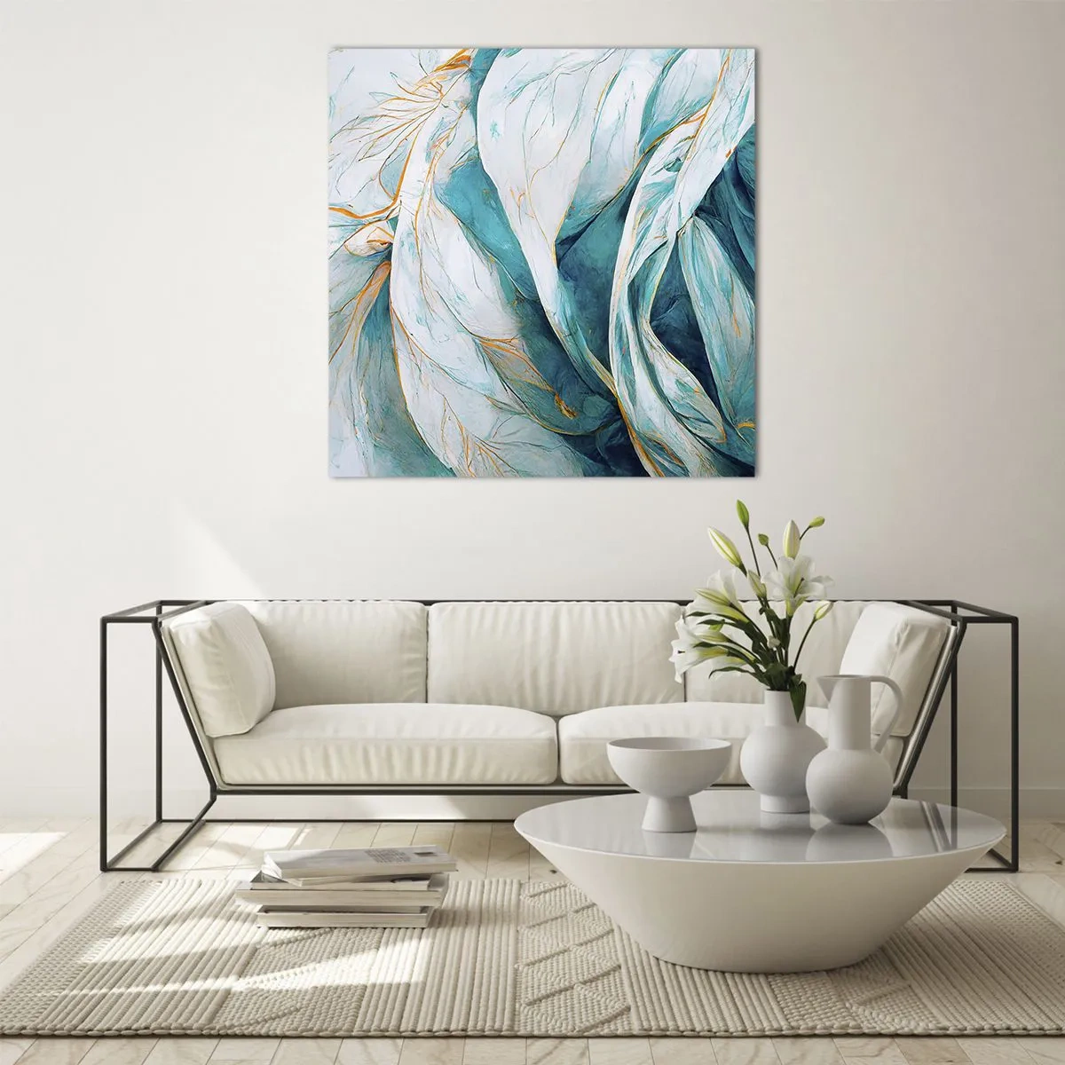 Tablou pe sticlă - Abstractul albastru cu motiv auriu - 70x70 cm