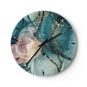 Ceas de perete - Ceas pe sticlă - Stropi artistice de culoare în nuanțe de turcoaz și roz cu accente aurii - 30x30cm - Mătase albastră, tul roz - Decorațiune modernă pentru perete pentru living, bucătărie și dormitor ARTTOR