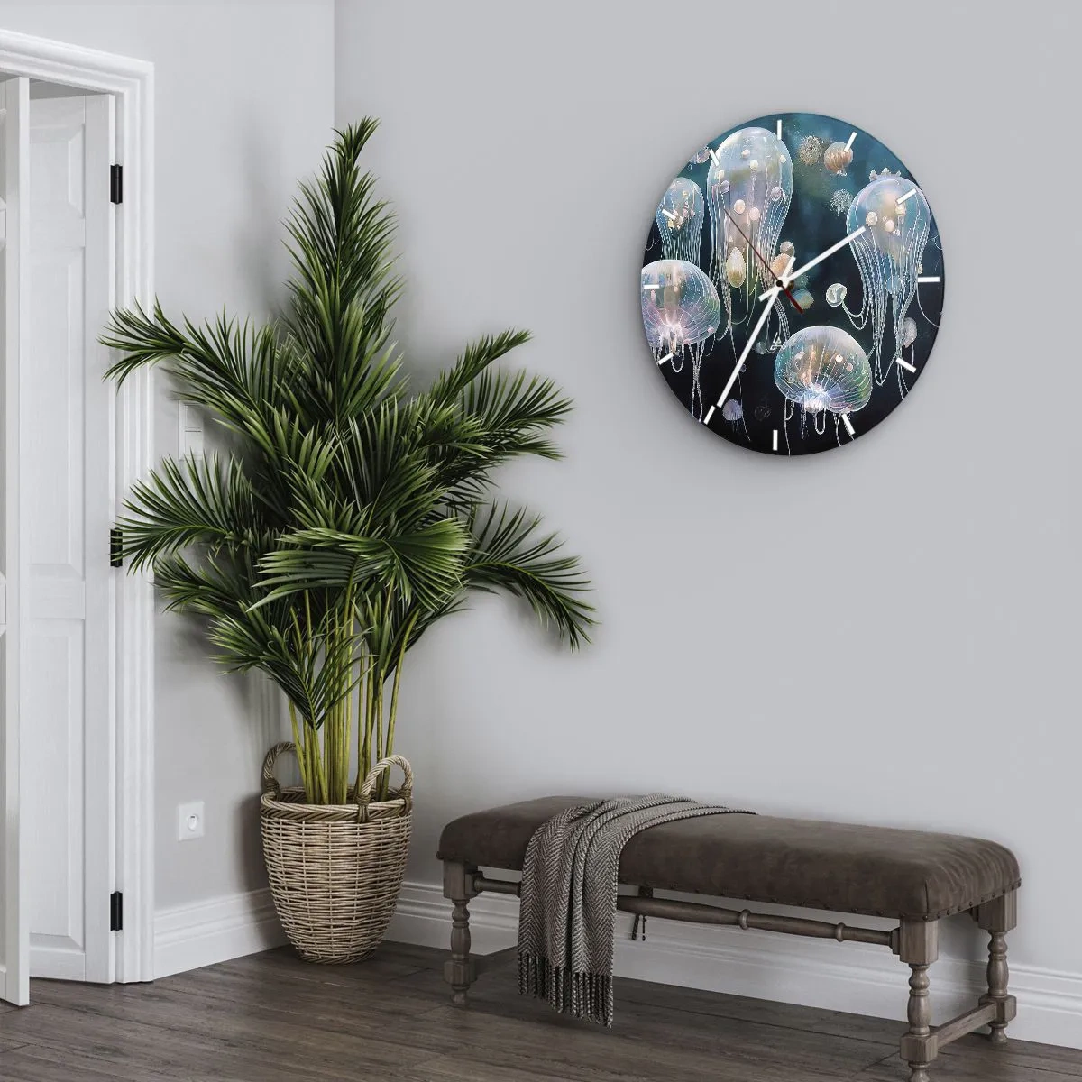 Ceas de perete - Ceas pe sticlă - Meduze în culori pastelate plutind în adâncuri - 30x30cm - Balul subacvatic - Decorațiune modernă pentru perete pentru living, bucătărie și dormitor ARTTOR