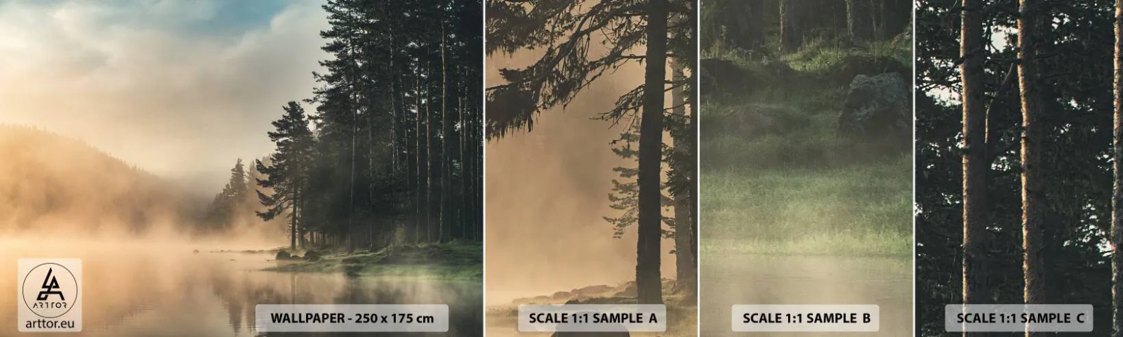 Mostră tapet autocolant Deluxe Sticker - Nașterea unei zile - Peisaj, Lac, pădure - 100x30 cm