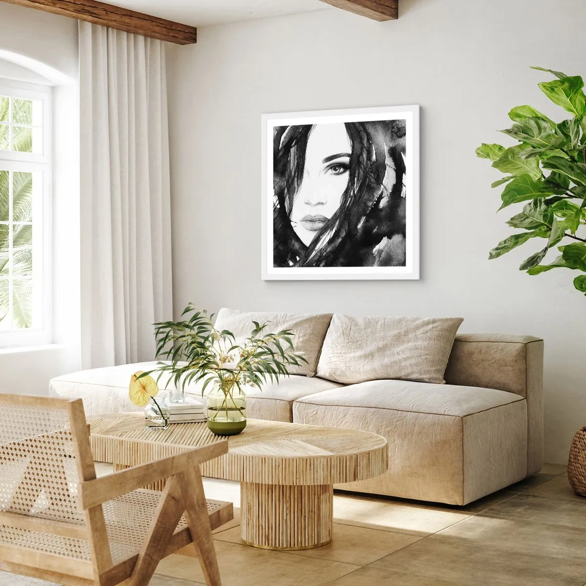 Poster în ramă albă - Studiu unei dame în alb și negru - 40x40 cm