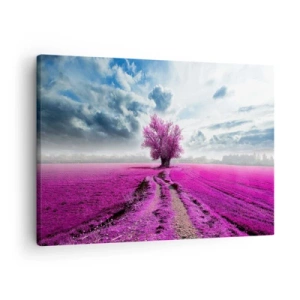Tablou pe pânză Canvas - Un copac singuratic într-un câmp într-o nuanță de roz intens - 70x50cm - Câmpul cu iarbă neagră - Decorațiune modernă pentru perete pentru living și dormitor ARTTOR
