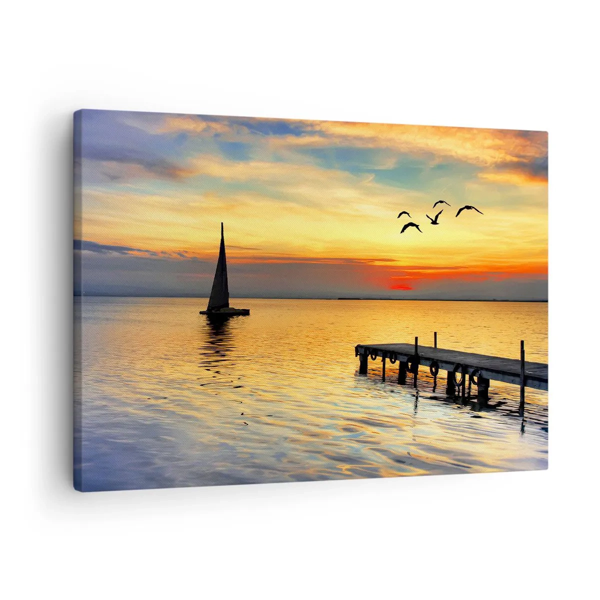 Tablou pe pânză Canvas - Apus de soare cu o barcă cu pânze și un dig pe un lac liniștit - 70x50cm - Retururi de seară - Decorațiune modernă pentru perete pentru living și dormitor ARTTOR