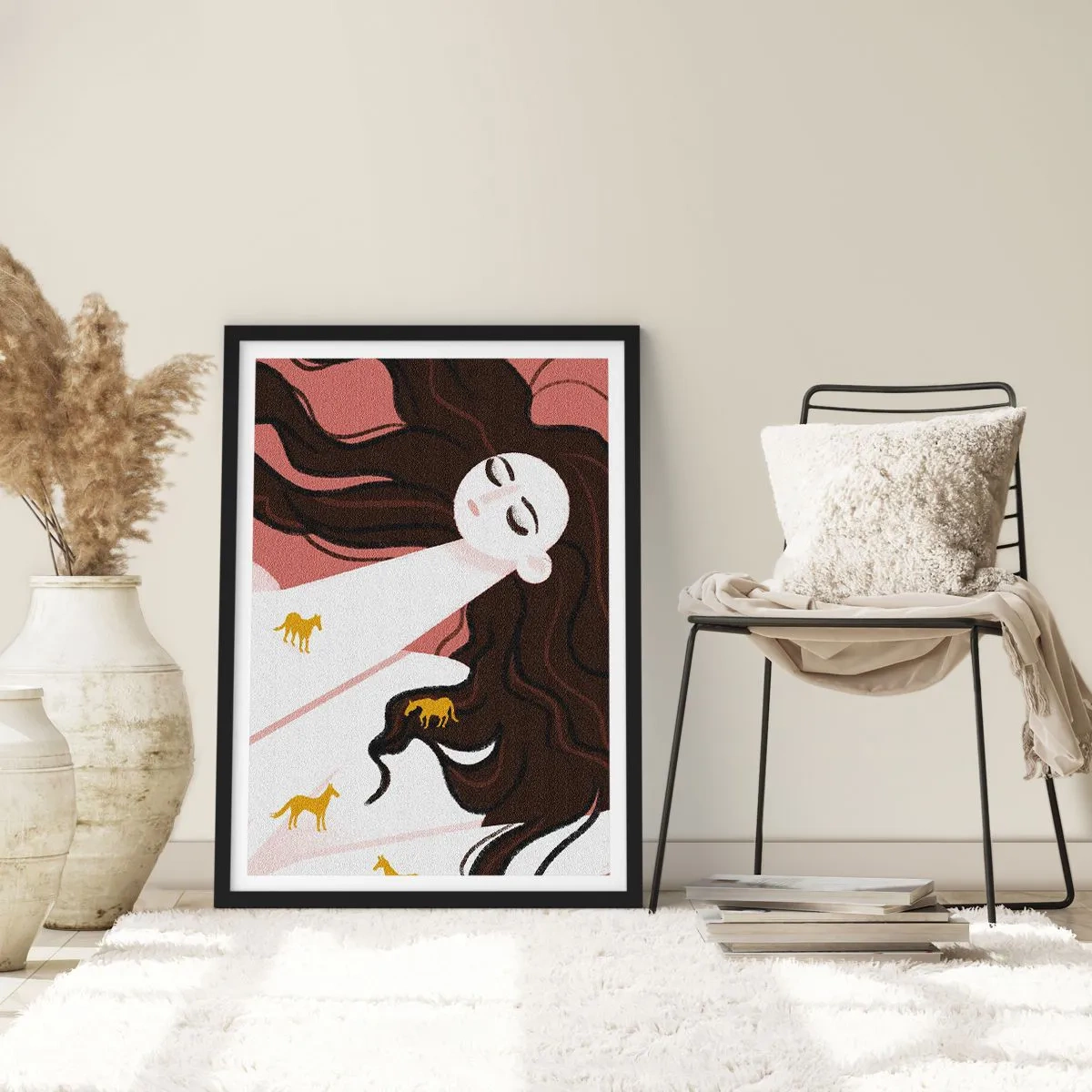 Poster în ramă neagră - O femeie visătoare cu păr lung și cai aurii - 50x70cm - Visul despre calul de aur - Decorațiune modernă pentru perete pentru living și dormitor ARTTOR