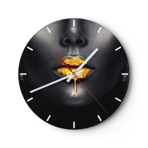 Ceas de perete - Ceas pe sticlă - Buze aurii pe fundal negru într-un stil artistic - 30x30cm - Buzele de aur - Decorațiune modernă pentru perete pentru living, bucătărie și dormitor ARTTOR