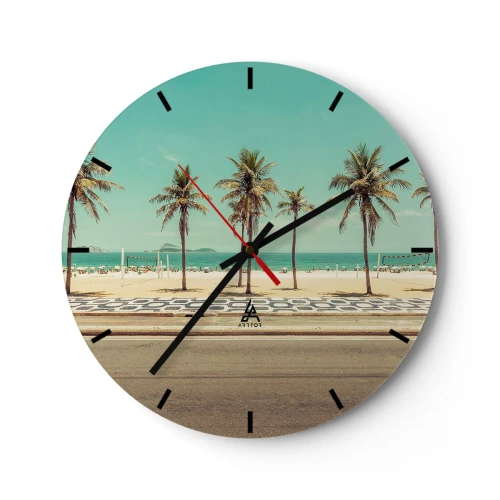 Ceas de perete - Ceas pe sticlă - Palmieri și o plajă cu o promenadă lângă marea turcoaz - 30x30cm - La paza plajei - Decorațiune modernă pentru perete pentru living, bucătărie și dormitor ARTTOR