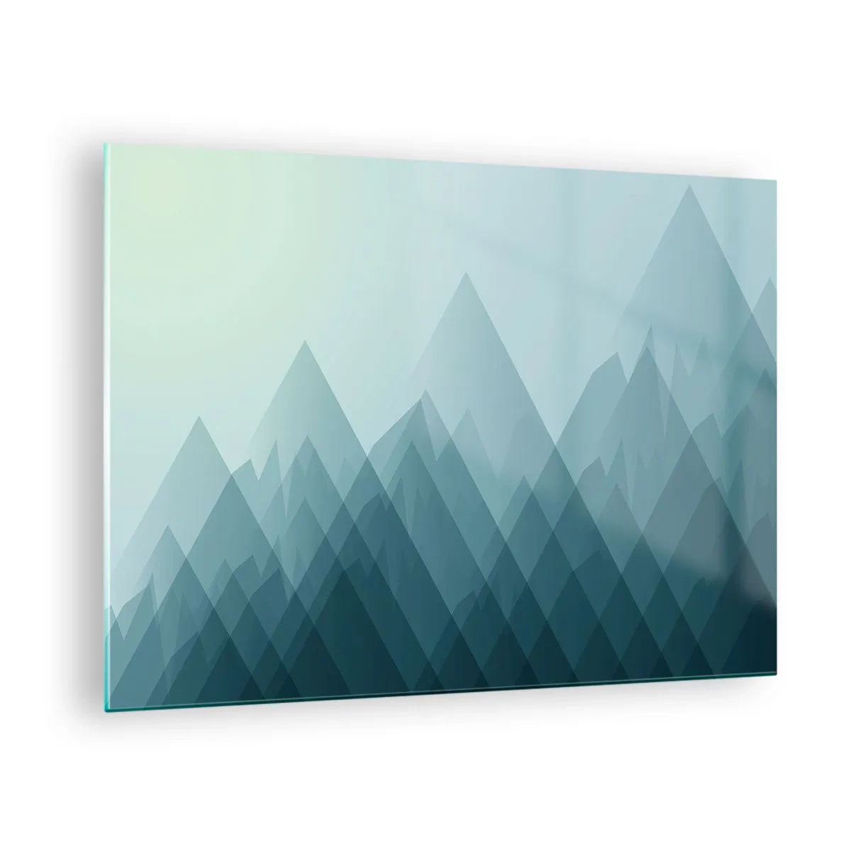 Tablou pe sticlă - Munți stratificați abstracti în nuanțe delicate de albastru - 70x50cm - Mare, mai mare, cea mai mare - Decorațiune modernă pentru perete pentru living și dormitor ARTTOR
