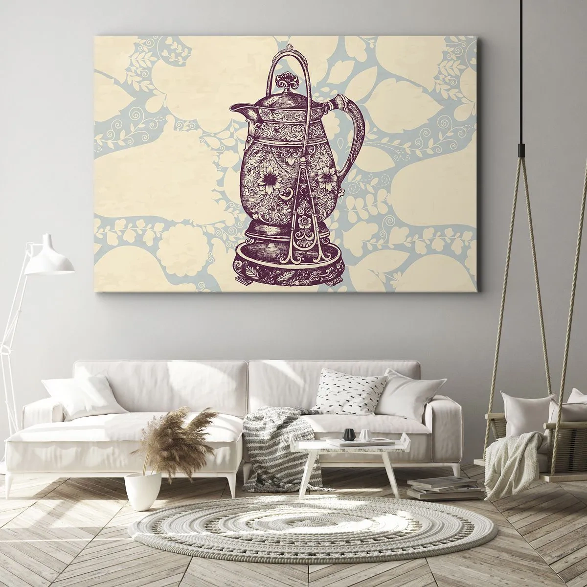Tablou pe pânză Canvas - Ulcior stilizat cu ornamente pe un fundal floral - 70x50cm - Frumusețea vieții de zi cu zi - Decorațiune modernă pentru perete pentru living și dormitor ARTTOR