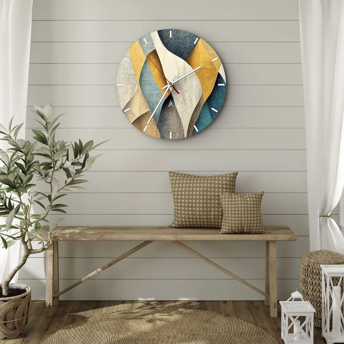 Ceas de perete - Ceas pe sticlă - Valuri geometrice în auriu, bleumarin, turcoaz și bej - 30x30cm - Ritm și ondulare - Decorațiune modernă pentru perete pentru living, bucătărie și dormitor ARTTOR