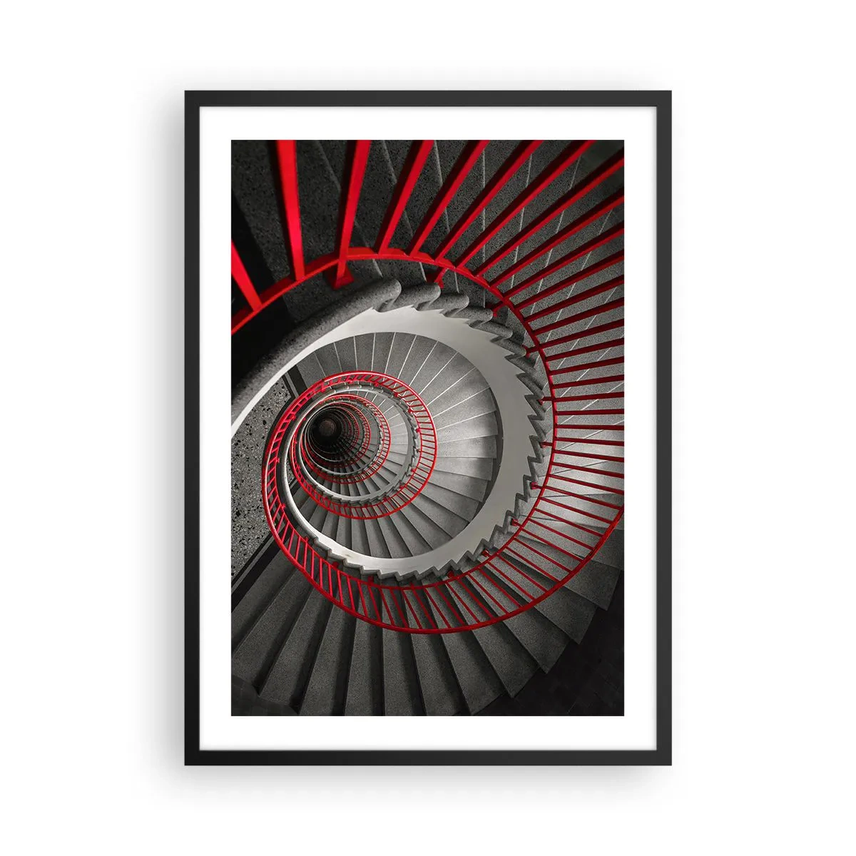 Poster în ramă neagră - Scară spiralată în alb și negru cu balustrade roșii - 50x70cm - Jocuri arhitecturale - Decorațiune modernă pentru perete pentru living și dormitor ARTTOR