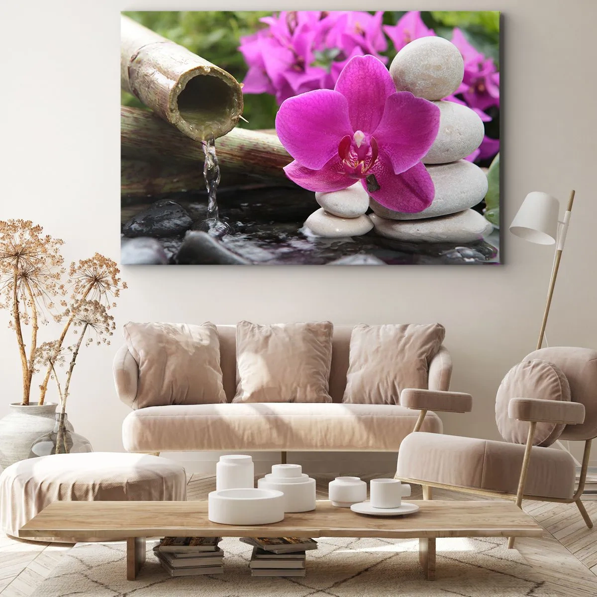 Tablou pe pânză Canvas - Orhidee violetă, pietre și bambus cu apă într-un cadru relaxant - 70x50cm - Te odihnești deja - Decorațiune modernă pentru perete pentru living și dormitor ARTTOR