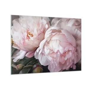 Tablou pe sticlă - Bujori delicați într-o nuanță roz deschis în prim-plan - 70x50cm - Oprit din înflorire - Decorațiune modernă pentru perete pentru living și dormitor ARTTOR
