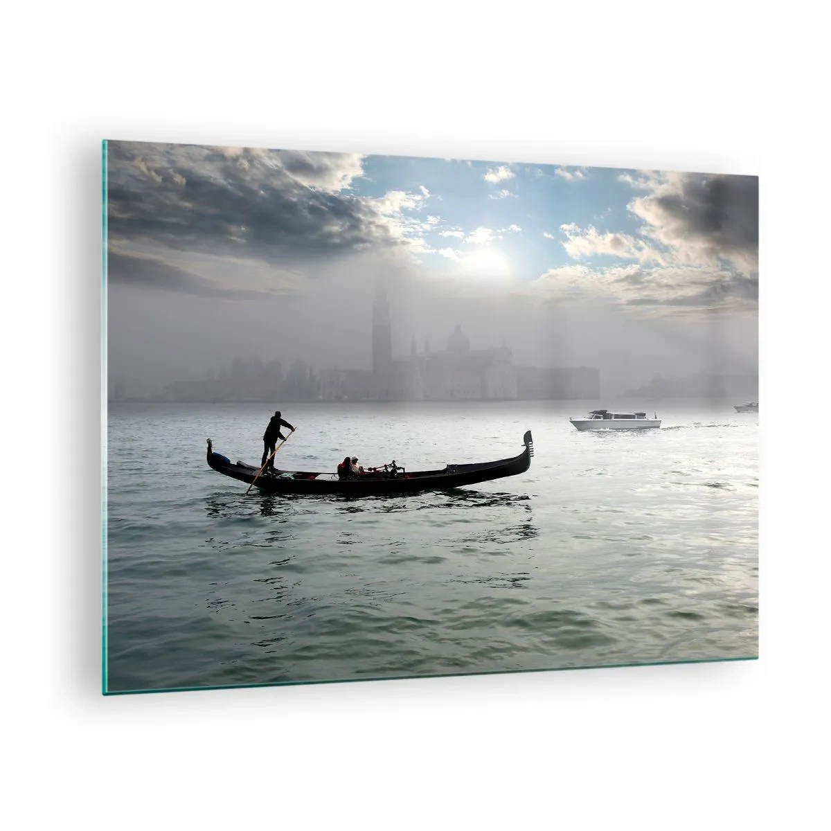 Tablou pe sticlă - Gondolă pe apele Veneției într-o dimineață cețoasă - 70x50cm - Un oraș fabulos de apă și ceață - Decorațiune modernă pentru perete pentru living și dormitor ARTTOR