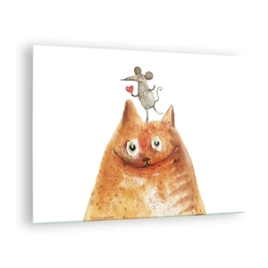 Tablou pe sticlă - O pisică cu un șoarece pe cap, într-un stil umoristic - 70x50cm - Paradoxurile iubirii - Decorațiune modernă pentru perete pentru living și dormitor ARTTOR