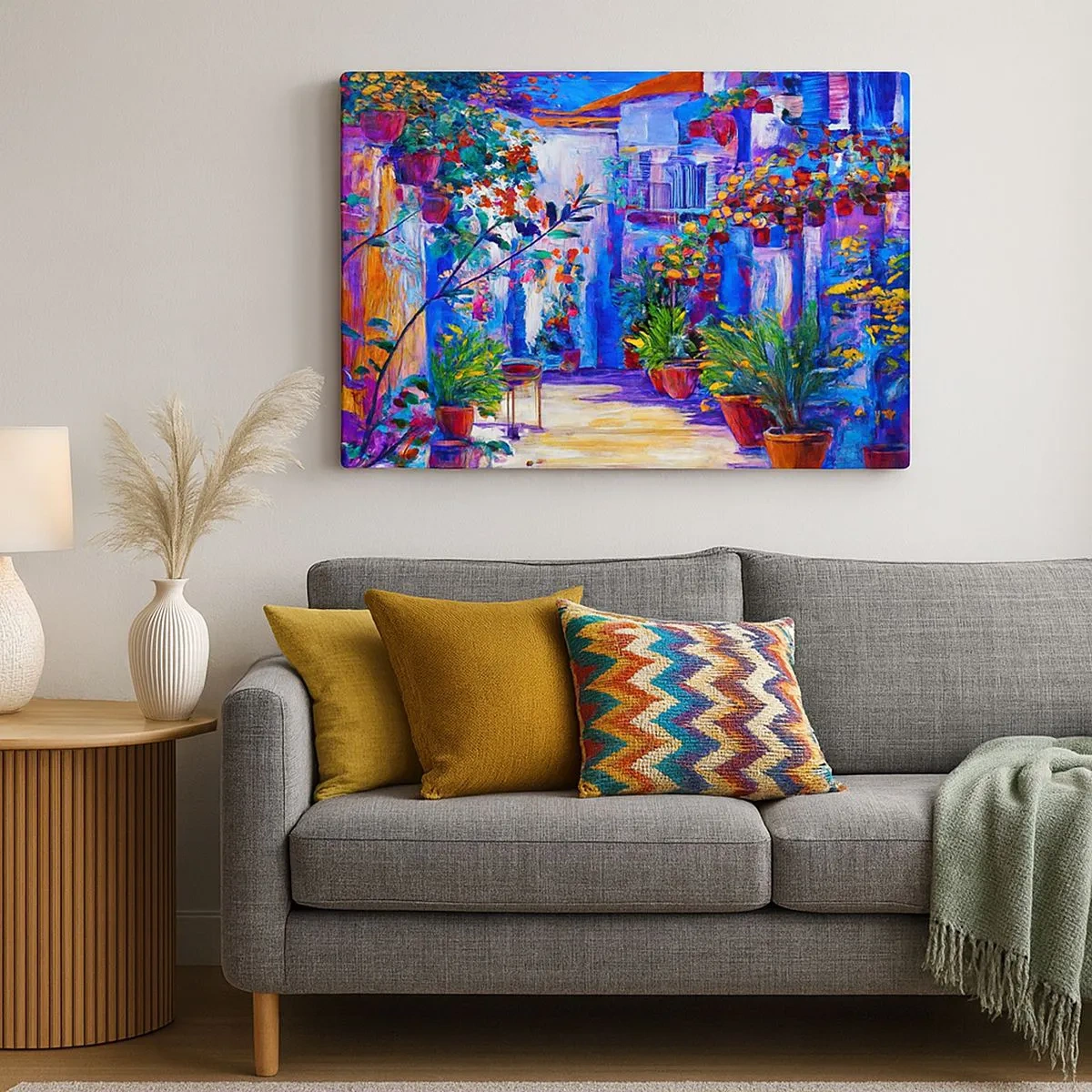 Tablou pe pânză Canvas - O stradă colorată, plină de flori - 70x50cm - Impresie - străduță italiană - Decorațiune modernă pentru perete pentru living și dormitor ARTTOR