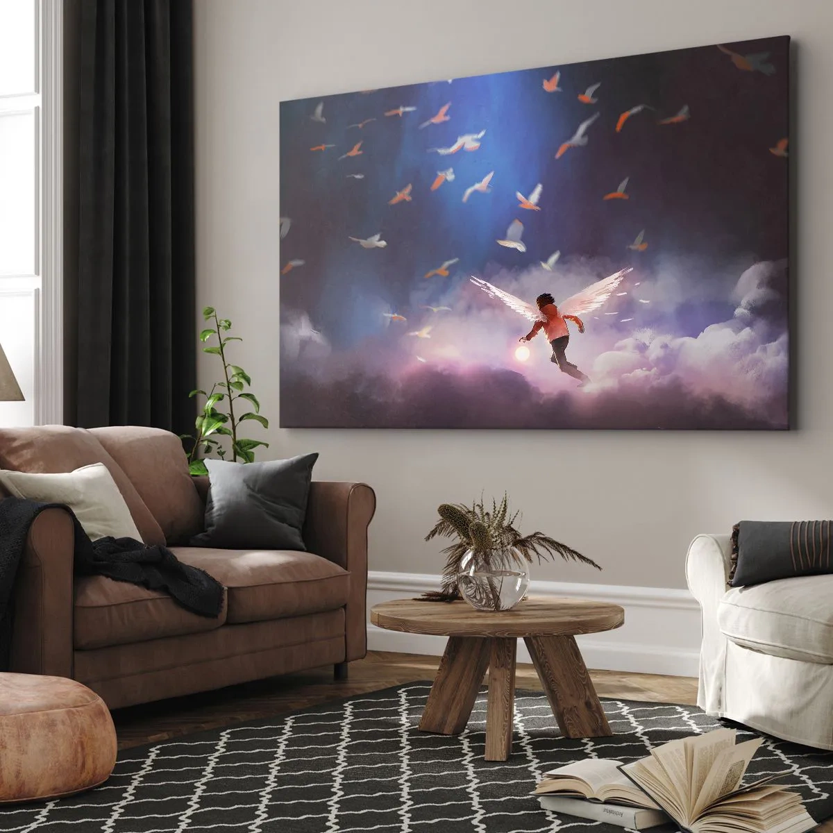 Tablou pe pânză Canvas - O figură cu aripi de înger plutind printre păsări pe cer - 70x50cm - Este nevoie de imaginație și curaj - Decorațiune modernă pentru perete pentru living și dormitor ARTTOR