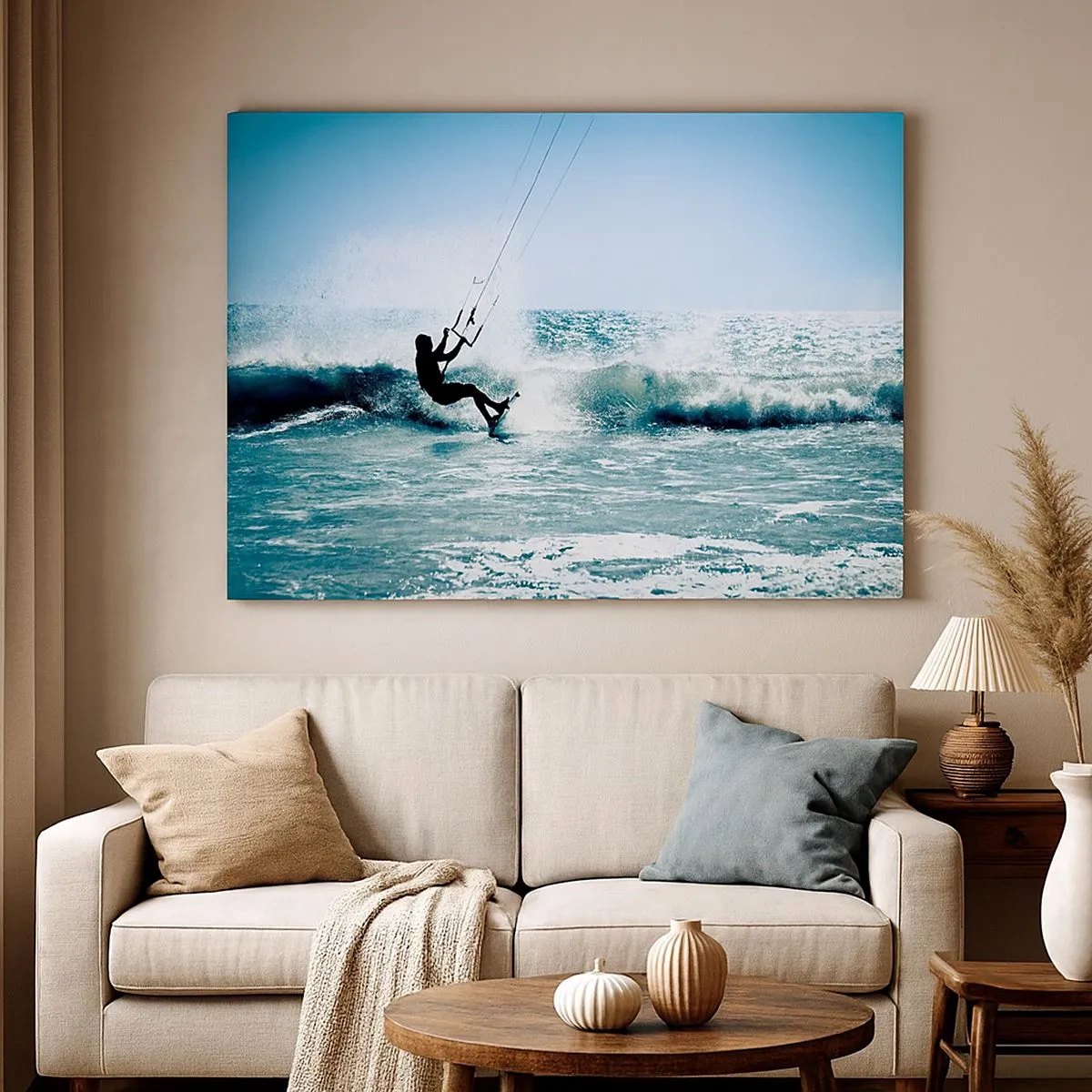 Tablou pe pânză Canvas - Kitesurfer călare pe un val în plin soare - 70x50cm - Lasă-te dus de val - Decorațiune modernă pentru perete pentru living și dormitor ARTTOR