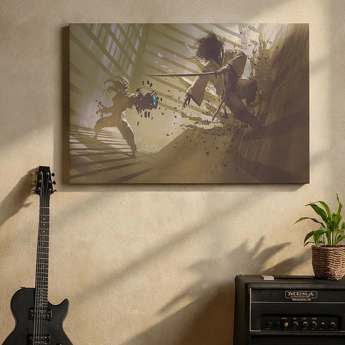 Tablou pe pânză Canvas - Lupta dinamică între două personaje într-un stil futurist - 70x50cm - Și tu poți fi samurai - Decorațiune modernă pentru perete pentru living și dormitor ARTTOR