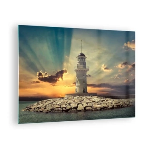 Tablou pe sticlă - Un far pe fundalul soarelui care apune - 70x50cm - Lumină - Bunătate - Frumusețe - Decorațiune modernă pentru perete pentru living și dormitor ARTTOR