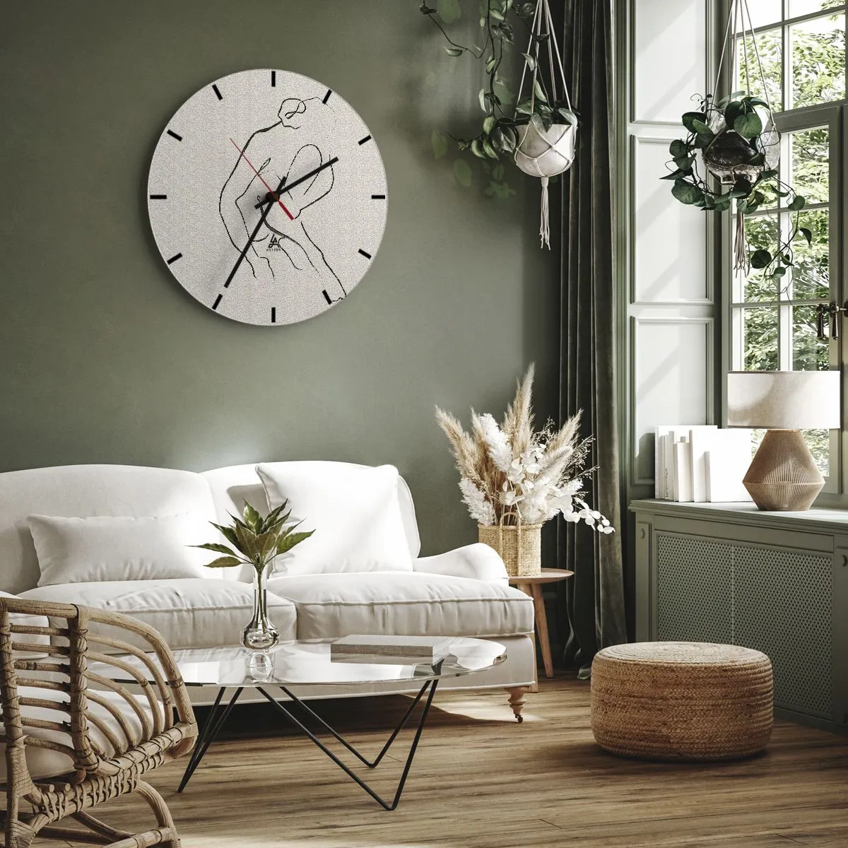 Ceas de perete - Ceas pe sticlă - O schiță delicată a unei siluete feminine pe un fundal deschis - 30x30cm - Schiță intimă - Decorațiune modernă pentru perete pentru living, bucătărie și dormitor ARTTOR
