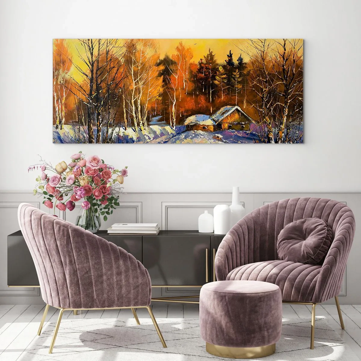 Tablou pe sticlă - Impresie de iarnă în soare - 90x30 cm