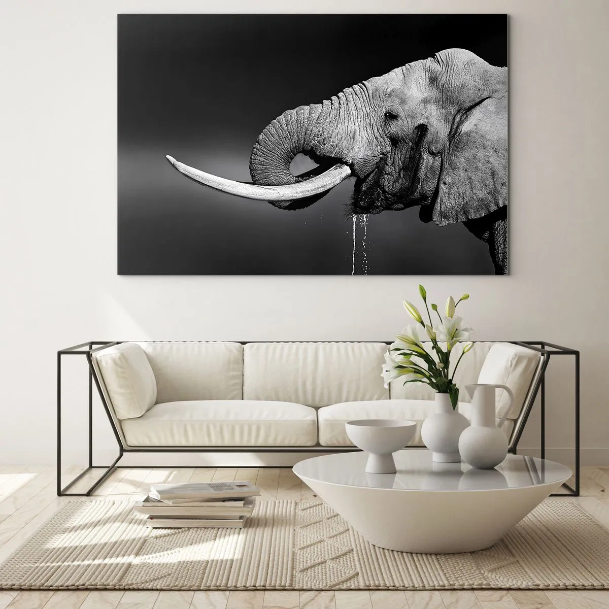 Tablou pe sticlă - Portret alb-negru al unui elefant cu trompă - 70x50cm - Da, e bine acum - Decorațiune modernă pentru perete pentru living și dormitor ARTTOR