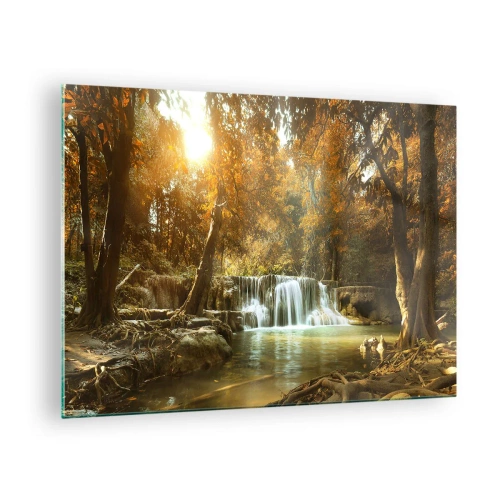 Tablou pe sticlă - O cascadă într-un parc înconjurat de copaci în culorile toamnei - 70x50cm - Cascadă în parc - Decorațiune modernă pentru perete pentru living și dormitor ARTTOR