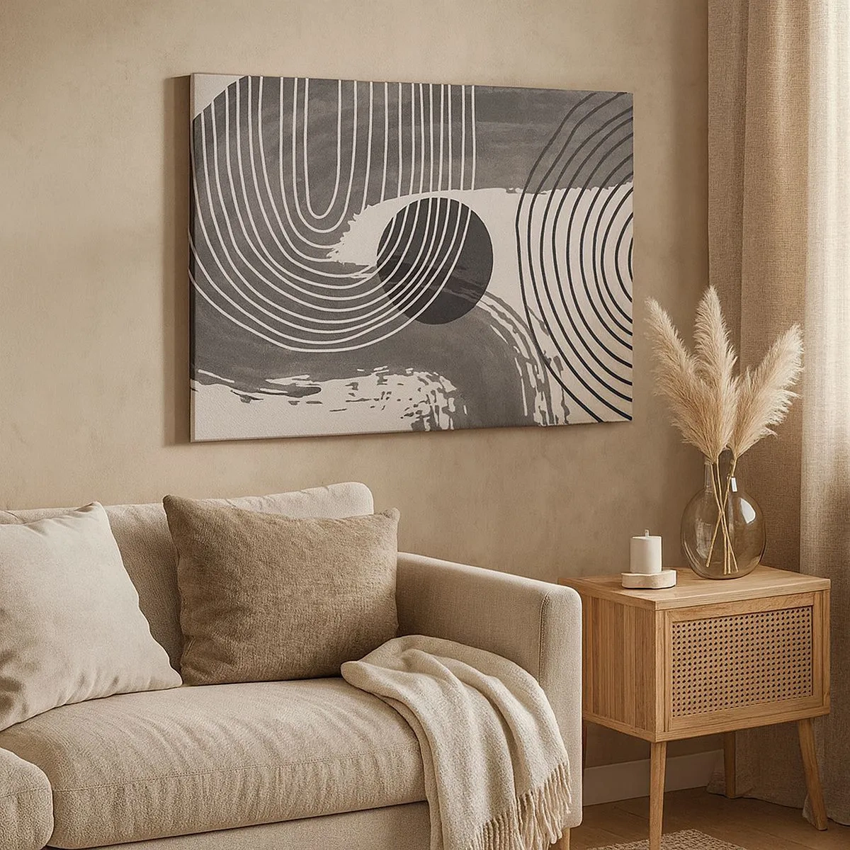 Tablou pe pânză Canvas - Linii geometrice și ovale în nuanțe monocromatice - 70x50cm - Ovalul câștigă - Decorațiune modernă pentru perete pentru living și dormitor ARTTOR