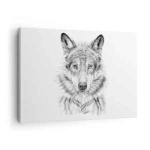 Tablou pe pânză Canvas - Schiță a unui cap de lup în stil monocrom pe fundal alb - 70x50cm - Un lider înnăscut - Decorațiune modernă pentru perete pentru living și dormitor ARTTOR
