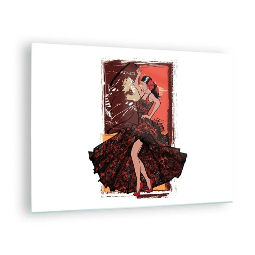 Tablou pe sticlă - Dansatoare de flamenco într-o rochie elegantă roșie și neagră - 70x50cm - În ritmul inimii - Decorațiune modernă pentru perete pentru living și dormitor ARTTOR