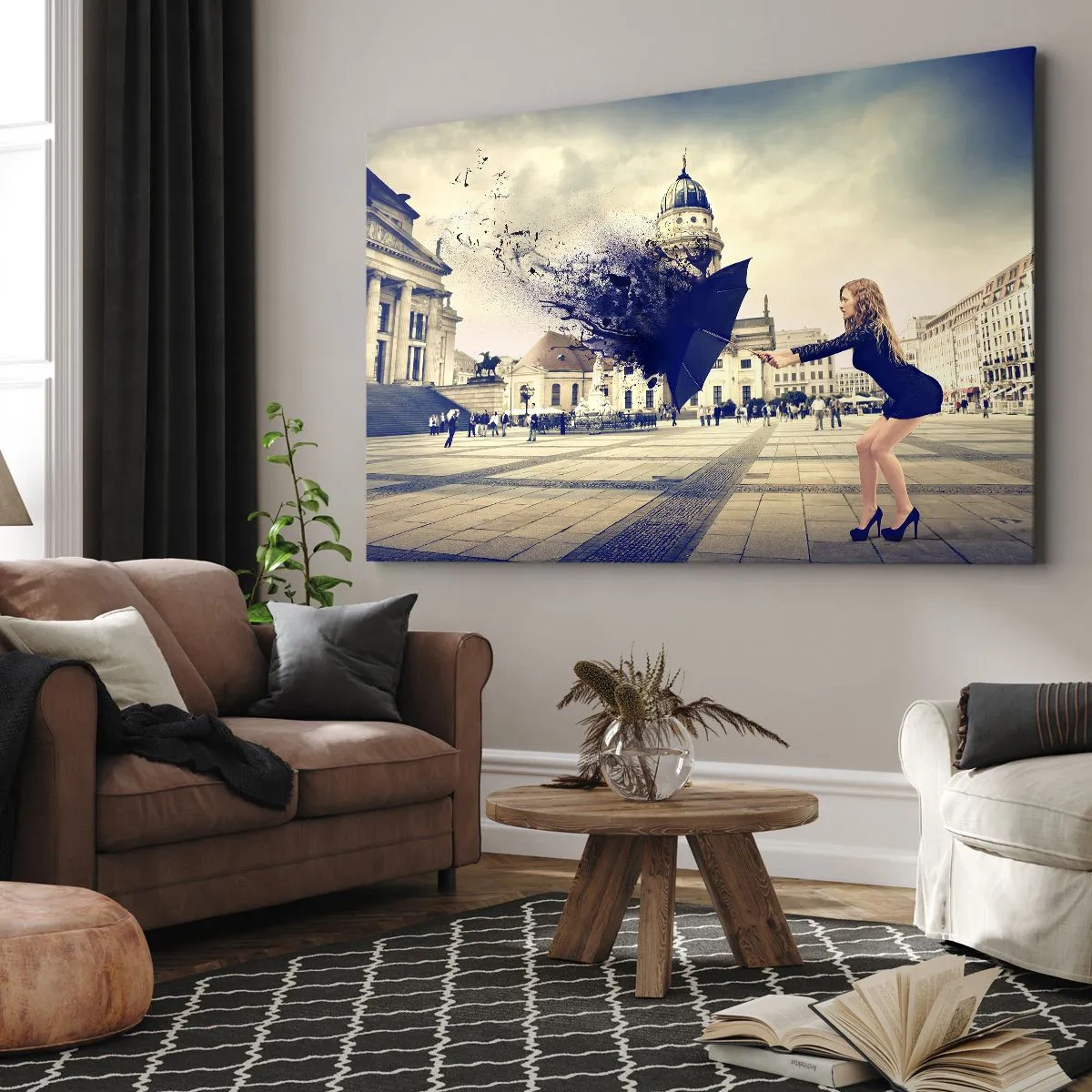 Tablou pe pânză Canvas - O femeie cu o umbrelă într-o compoziție artistică pe un fundal urban - 70x50cm - Există un astfel de vânt... - Decorațiune modernă pentru perete pentru living și dormitor ARTTOR