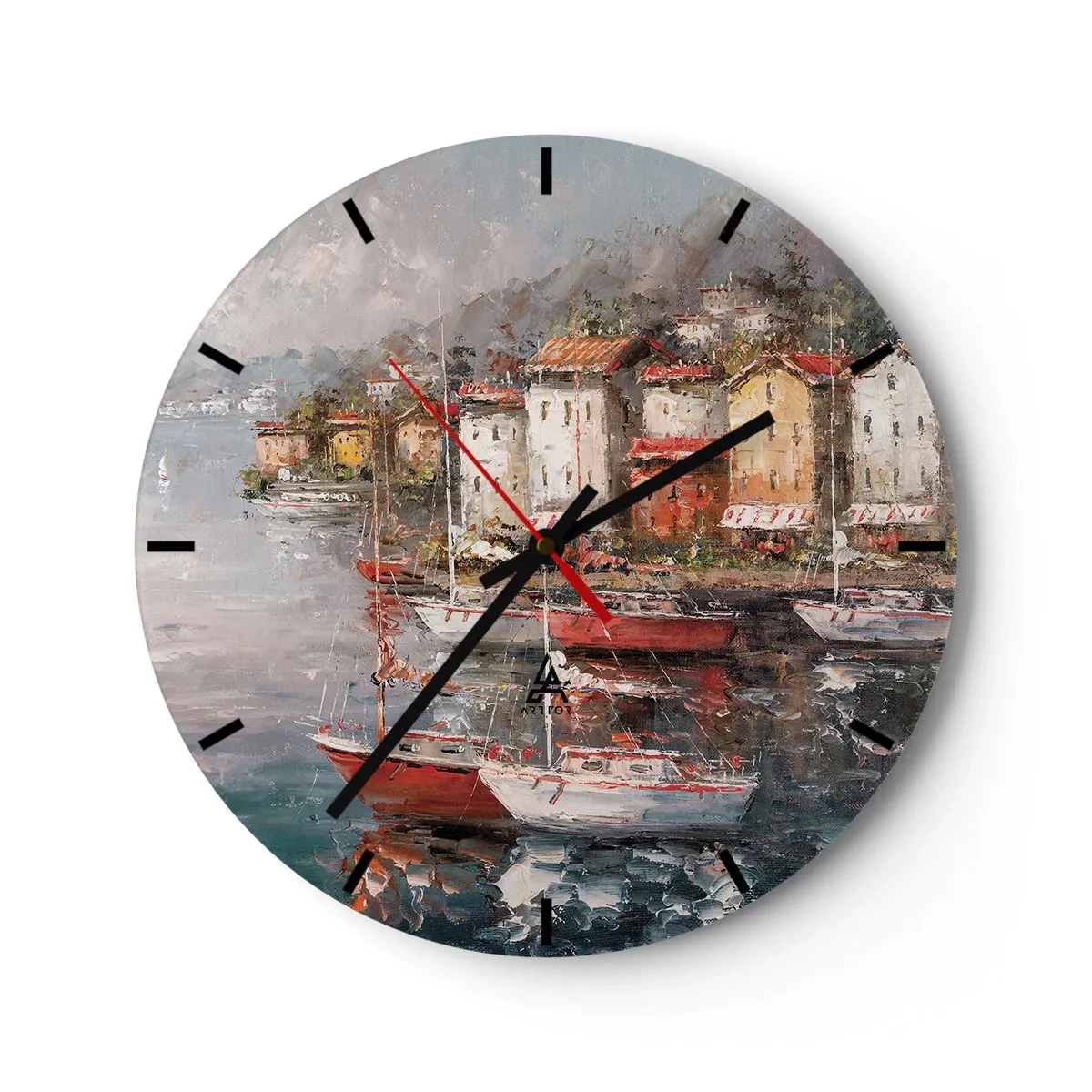Ceas de perete - Ceas pe sticlă - Un port pitoresc cu veliere și clădiri de coastă - 30x30cm - Portul romantic - Decorațiune modernă pentru perete pentru living, bucătărie și dormitor ARTTOR