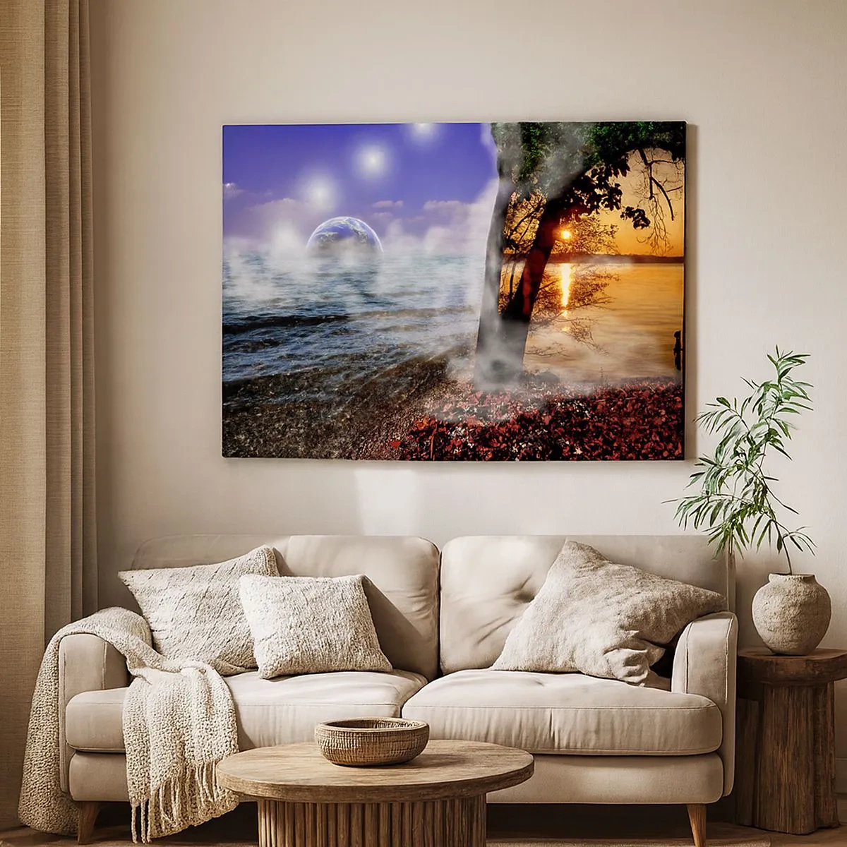 Tablou pe pânză Canvas - Peisaj fantastic cu mare, copaci și apus de soare. - 70x50cm - Peisaj suprarealist - unitatea naturii - Decorațiune modernă pentru perete pentru living și dormitor ARTTOR