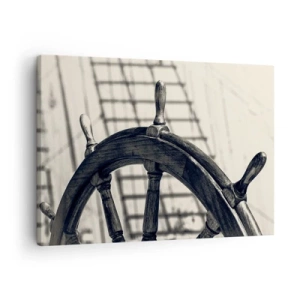 Tablou pe pânză Canvas - O cârmă de navigație în stil retro cu o navă în fundal - 70x50cm - Povești despre mare - Decorațiune modernă pentru perete pentru living și dormitor ARTTOR