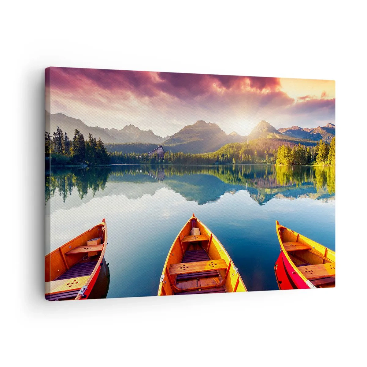 Tablou pe pânză Canvas - Trei bărci de lemn pe fundalul unui lac de munte la apus - 70x50cm - Nimic împotriva naturii - Decorațiune modernă pentru perete pentru living și dormitor ARTTOR