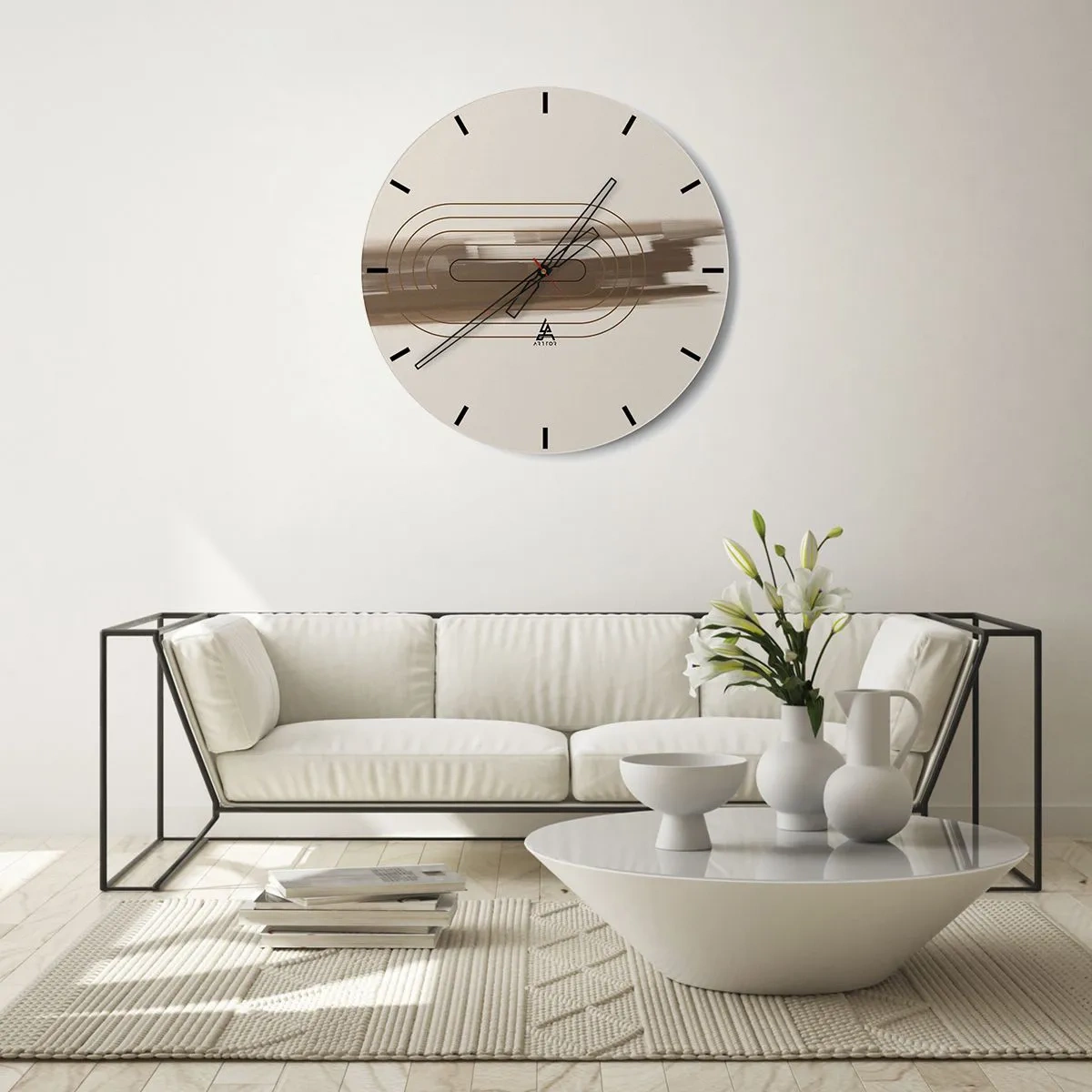 Ceas de perete - Ceas pe sticlă - Un model minimalist cu linii și un fundal bej. - 30x30cm - O adiere de gri - Decorațiune modernă pentru perete pentru living, bucătărie și dormitor ARTTOR