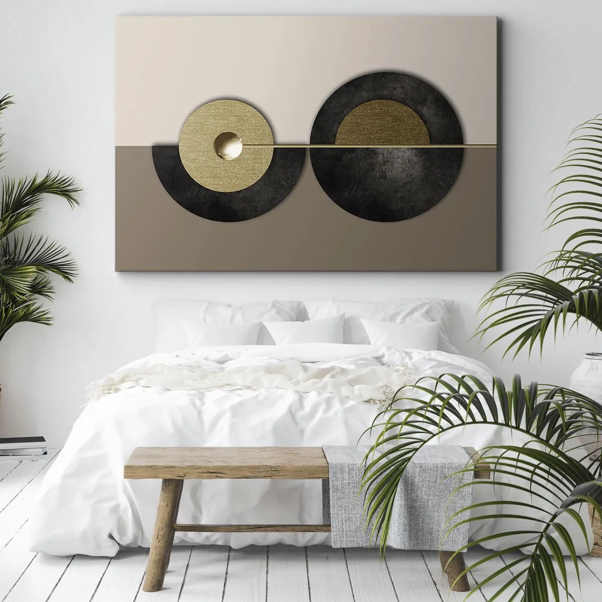 Tablou pe pânză Canvas - Cercuri abstracte în nuanțe de auriu și maro - 70x50cm - Variații în jurul unui cerc - Decorațiune modernă pentru perete pentru living și dormitor ARTTOR