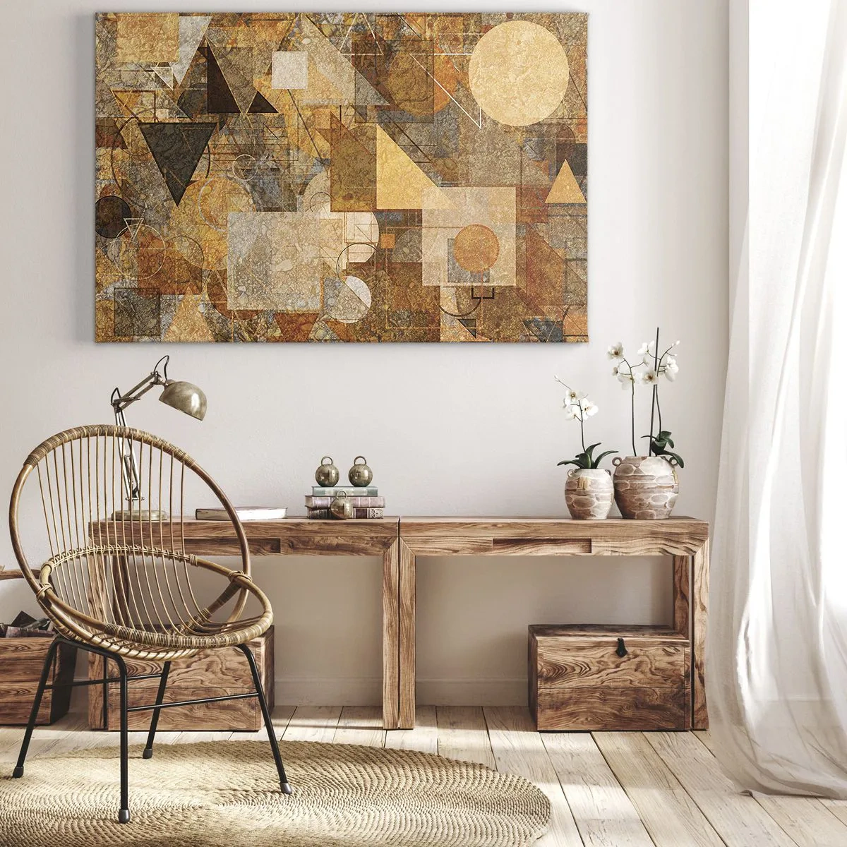 Tablou pe pânză Canvas - Figuri geometrice abstracte în nuanțe calde - 70x50cm - Studiu cubist de bronz - Decorațiune modernă pentru perete pentru living și dormitor ARTTOR