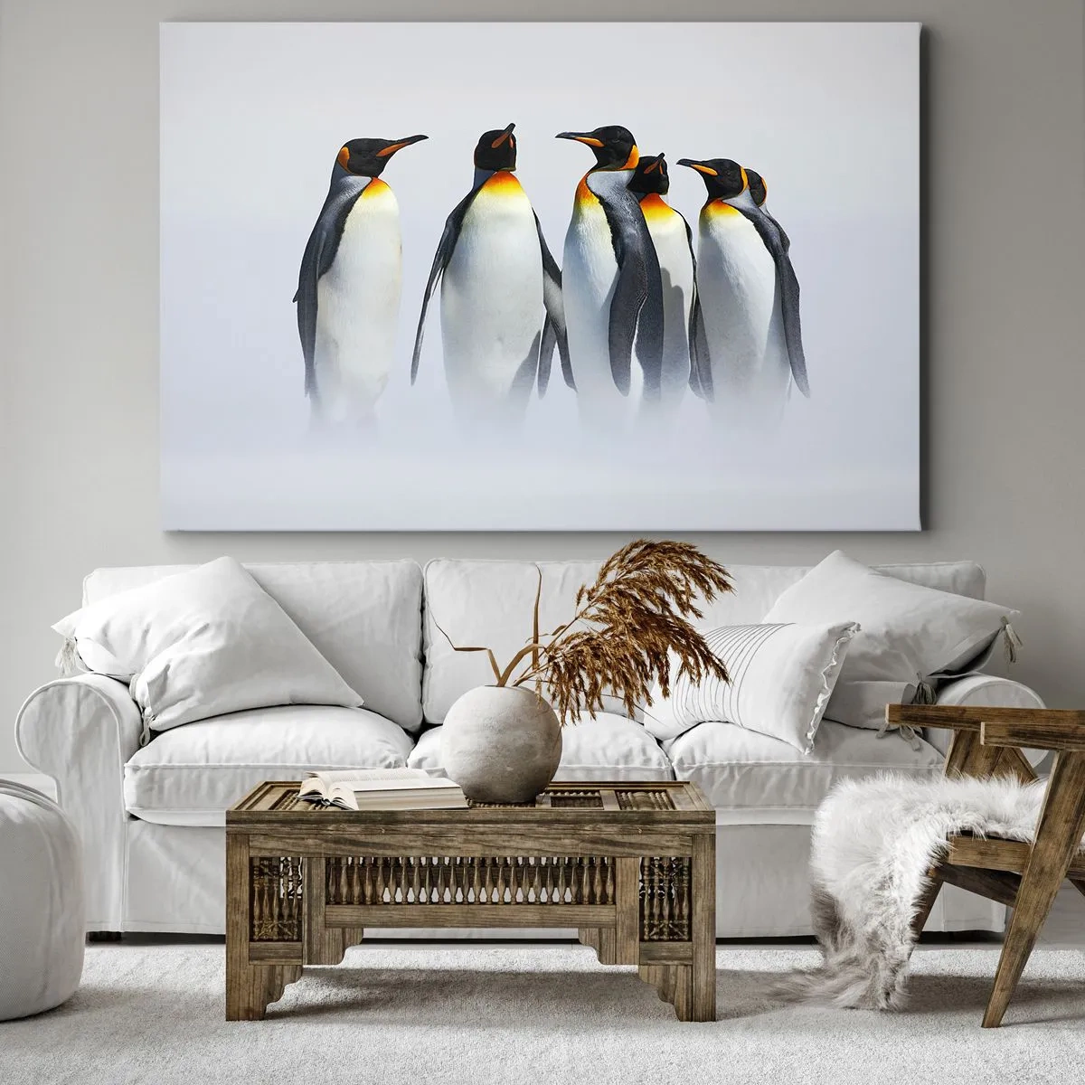 Tablou pe pânză Canvas - Un grup de pinguini imperiali în ceața de iarnă - 70x50cm - Întâlnire în rochie de seară - Decorațiune modernă pentru perete pentru living și dormitor ARTTOR